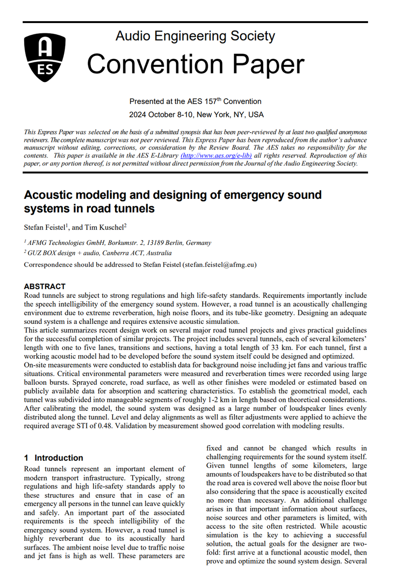 AES Paper Acoustic modeling and designing of emergency sound systems in road tunnels Front Page