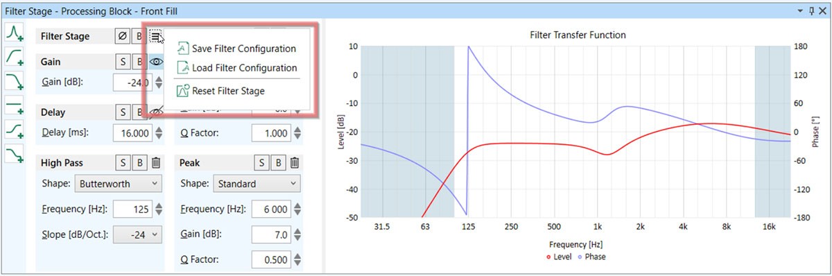 AFMG EASE 5. Saving and loading filter stage settings as presets in XGFB format.