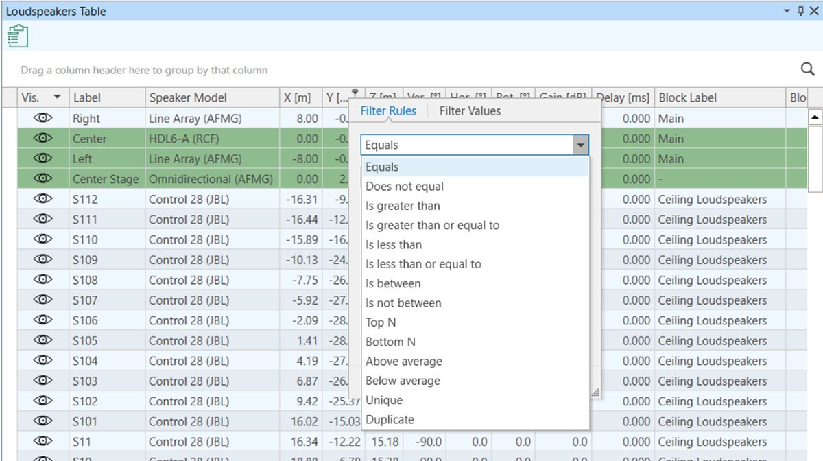 AFMG EASE 5. Filtering options for all table views.