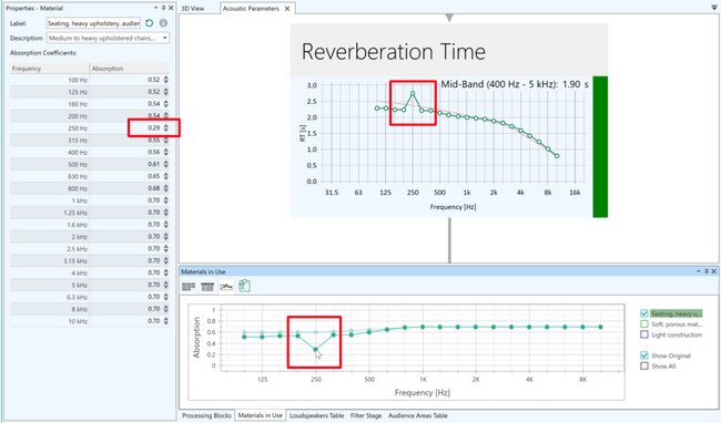 Calibrating RT within EASE 5 using Acoustics Parameters Window and Material in Use Graph.